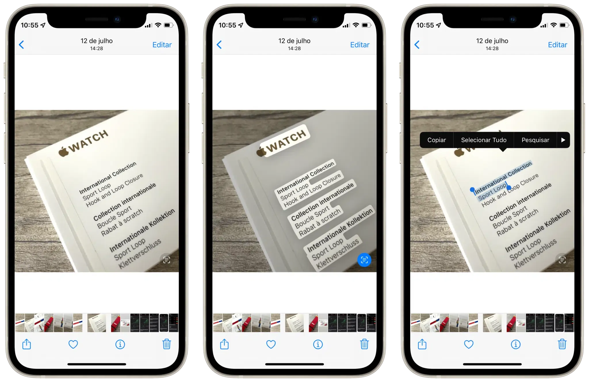 Foto na galeria de um iPhone como texto em destaque.