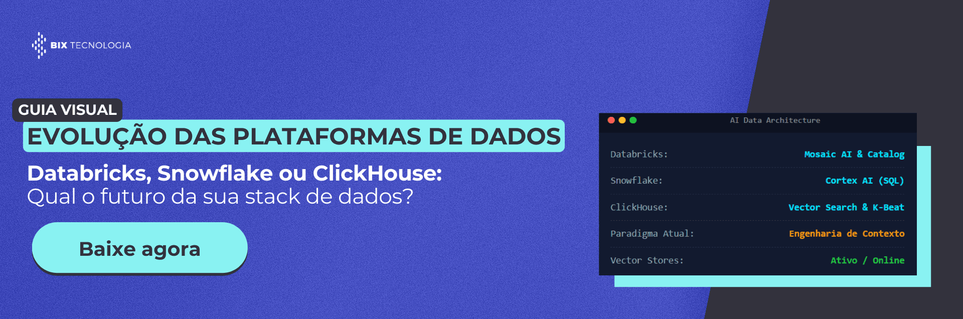 Banner do Guia Visual sobre Evolução das Plataformas de Dados da BIX Tecnologia, comparando Databricks , Snowflake e ClickHouse para IA e Engenharia de Dados.