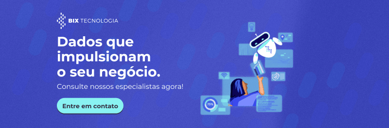 Banner da BIX Tecnologia com a frase 'Dados que impulsionam o seu negócio' e ilustração de uma pessoa interagindo com elementos de dados e um robô.