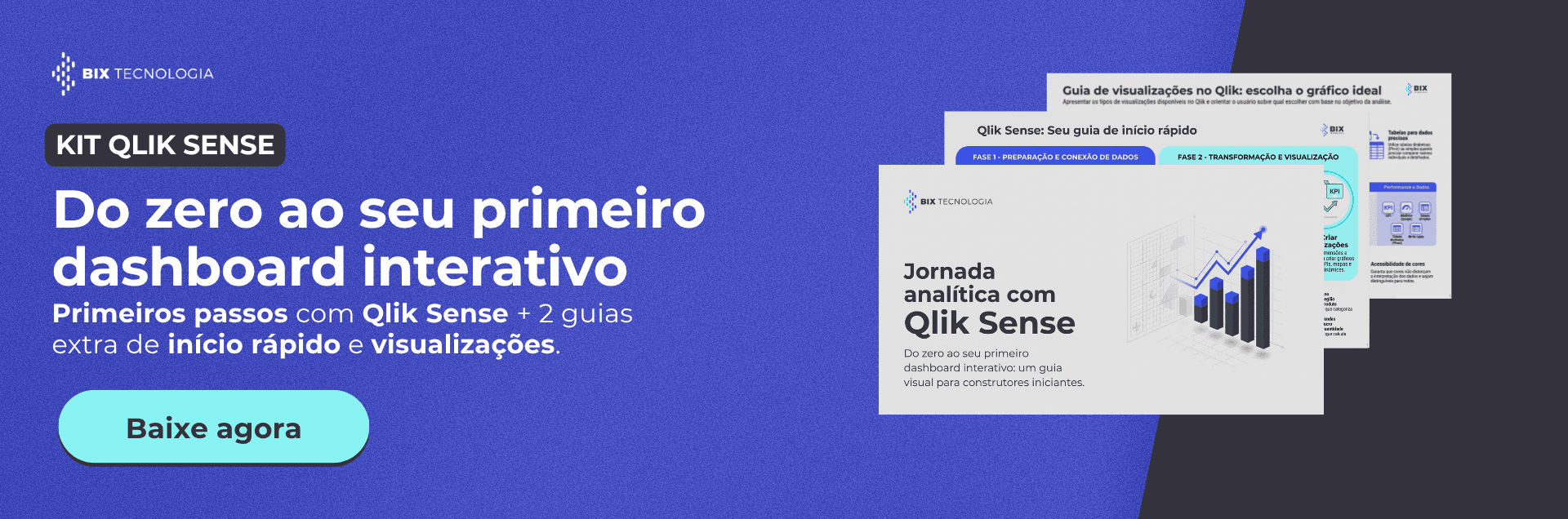 Banner do Kit Qlik Sense apresentando a Jornada Analítica Completa acompanhada pelos guias de início rápido e de escolha do gráfico ideal.