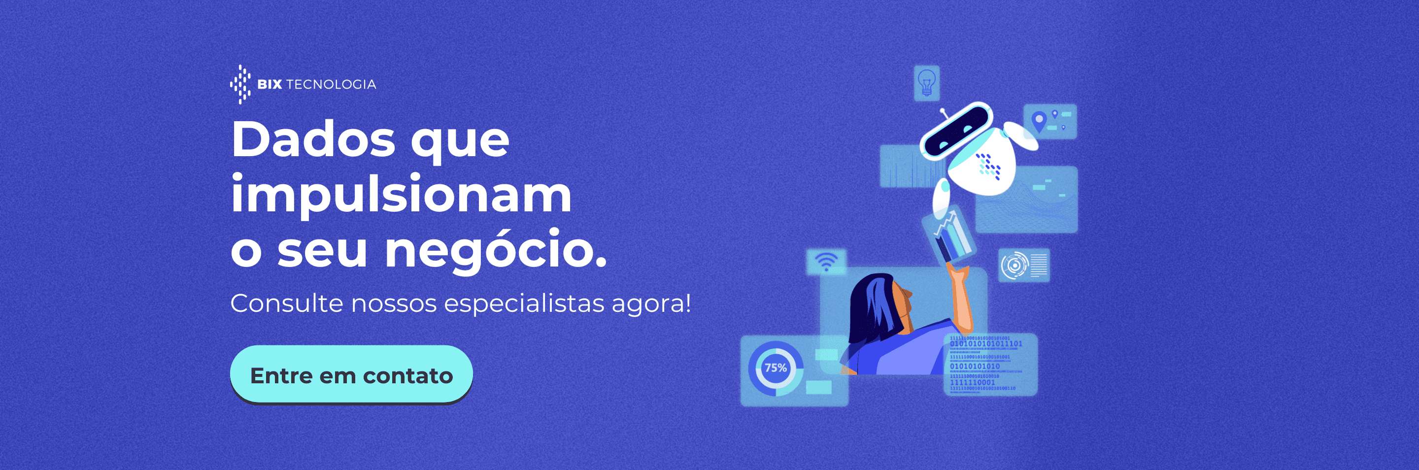 Ilustração de um robô da BIX Tecnologia processando fluxos de dados e gráficos digitais, representando a governança de agentes de IA.