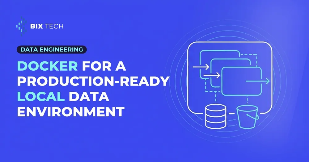Line-art illustration of nested Docker containers connected to a database and an object storage bucket, representing a production-ready local data environment