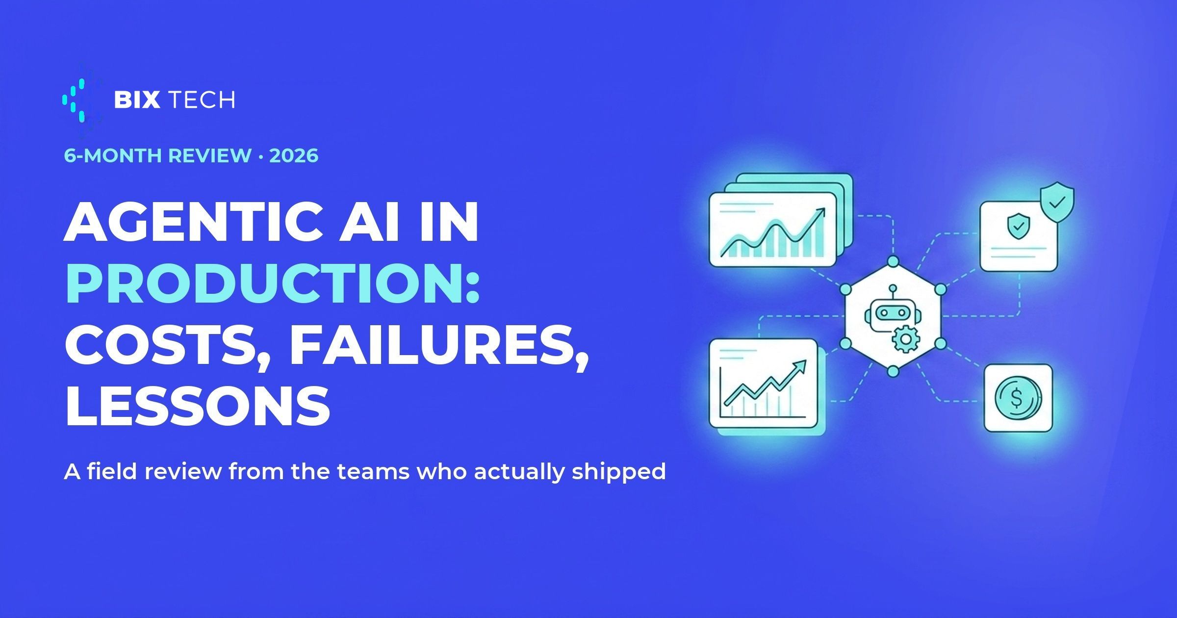 Illustration of an AI agent in production connected to observability, governance and cost-control panels