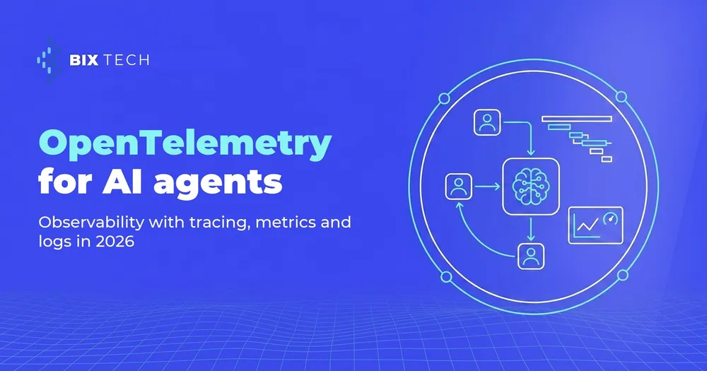 Illustration of an AI agent pipeline monitored with OpenTelemetry, showing traces, metrics and logs