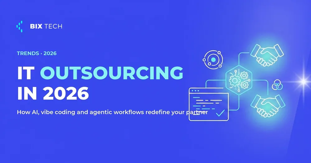 Illustration of IT outsourcing in 2026 with AI, gears and code connecting two partners shaking hands