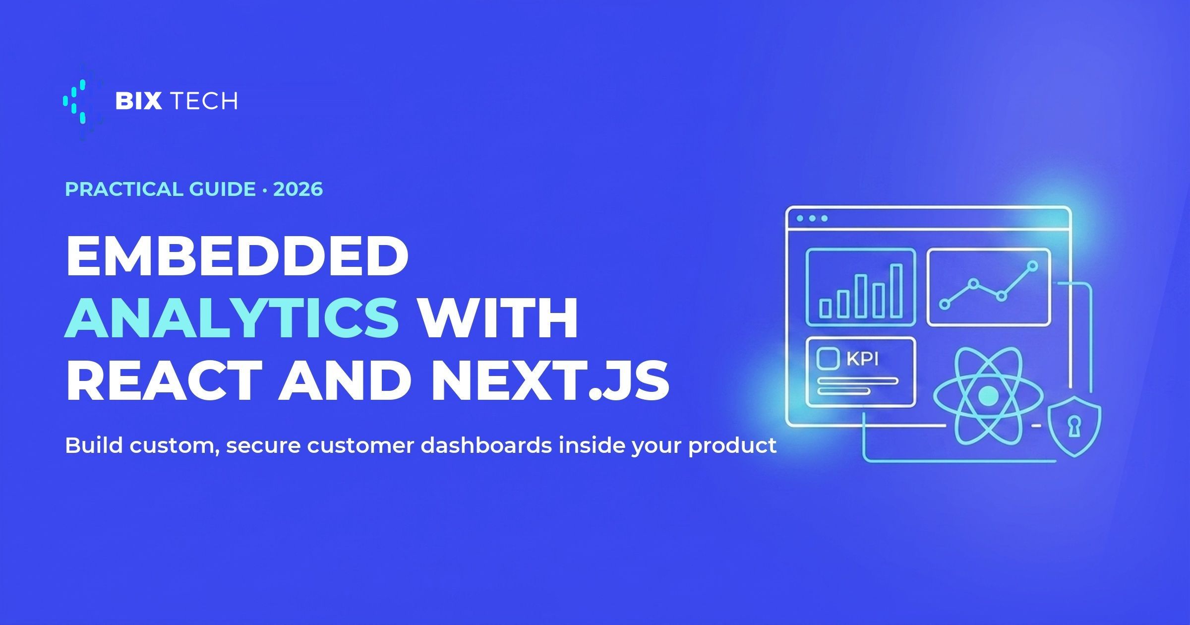 Line-art illustration of embedded analytics dashboards built with React and Next.js inside a SaaS product