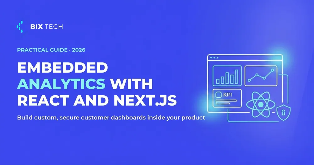 Line-art illustration of embedded analytics dashboards built with React and Next.js inside a SaaS product
