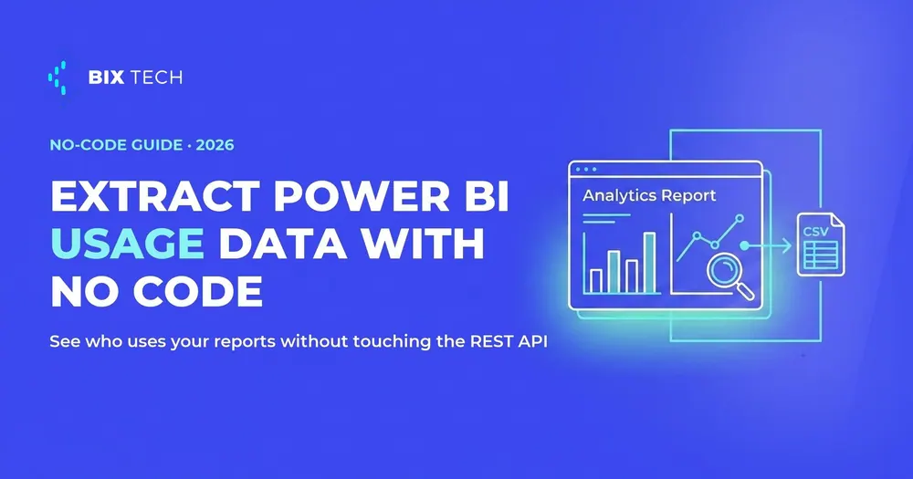 Illustration of a Power BI analytics report window with a usage chart and a magnifying glass exporting data to a CSV file, showing how to extract Power BI usage data with no code
