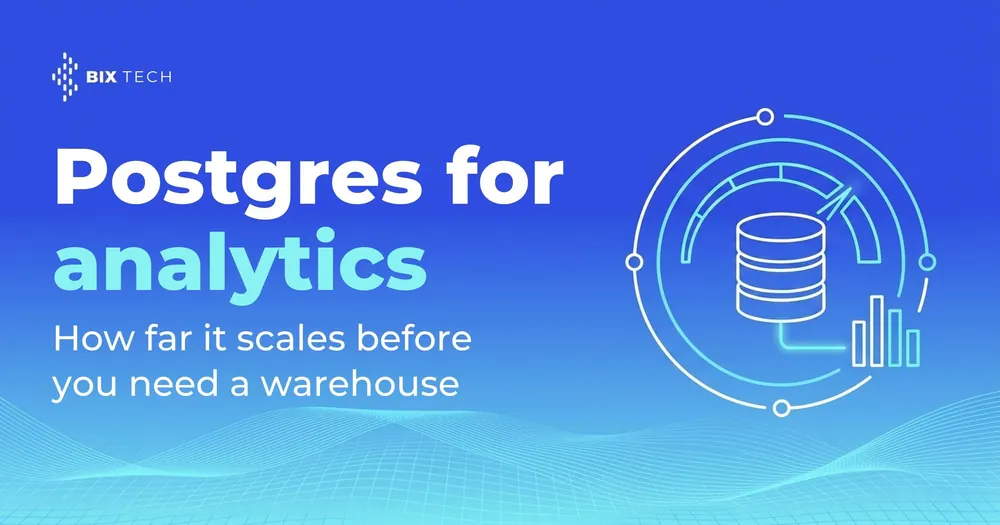 Line-art illustration of a Postgres database with a performance gauge near its limit connected to a columnar storage block, representing Postgres analytics limits