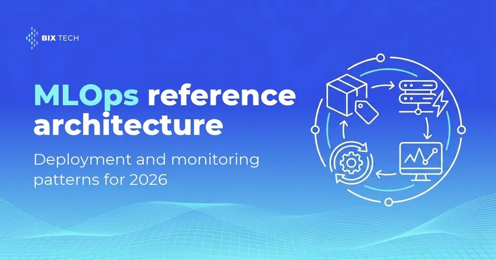 Line-art illustration of a model package, a serving endpoint, a drift monitoring panel and a retraining loop in a circle, representing an MLOps reference architecture