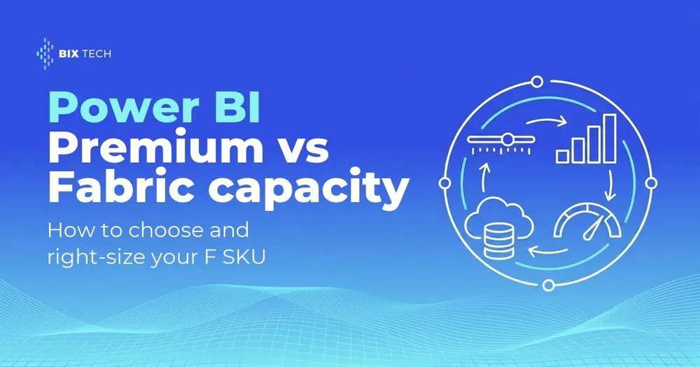 Line-art illustration of a slider, a rising SKU staircase, a utilization gauge and a cloud capacity stack, representing how to choose and right-size a Fabric capacity