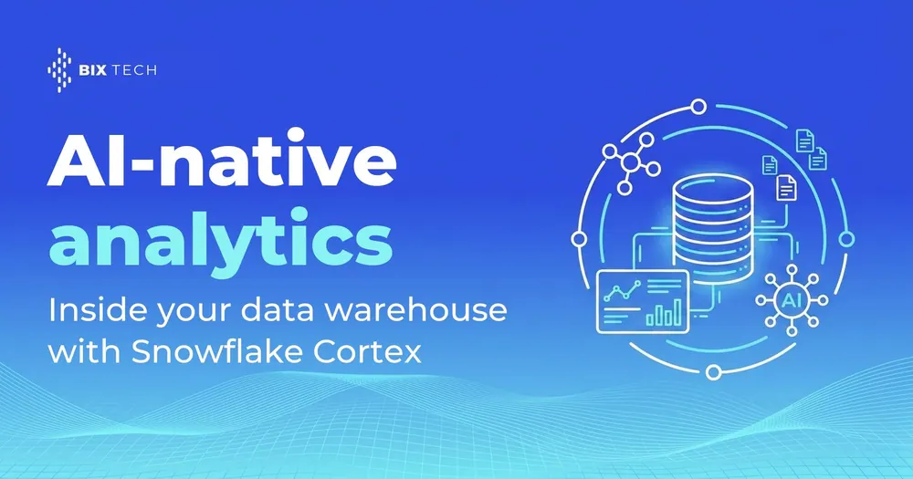 Illustration of a data warehouse connected to an analytics dashboard and an AI core, representing AI-native analytics with Snowflake Cortex