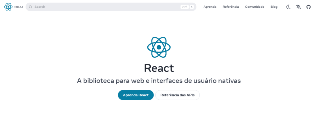 Tela inicial do site do React